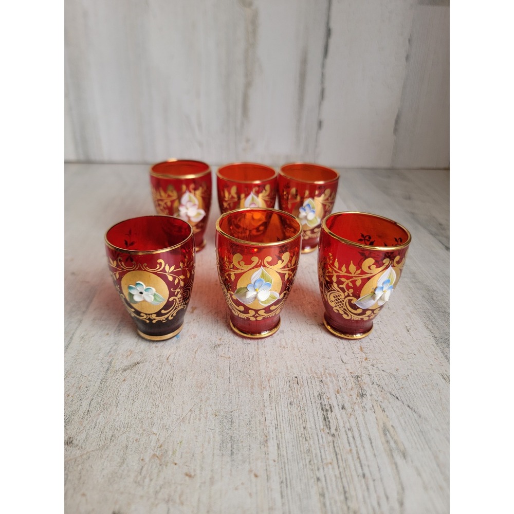 Bohemian glass shot red mini cup vintage floral home set decor kitchen